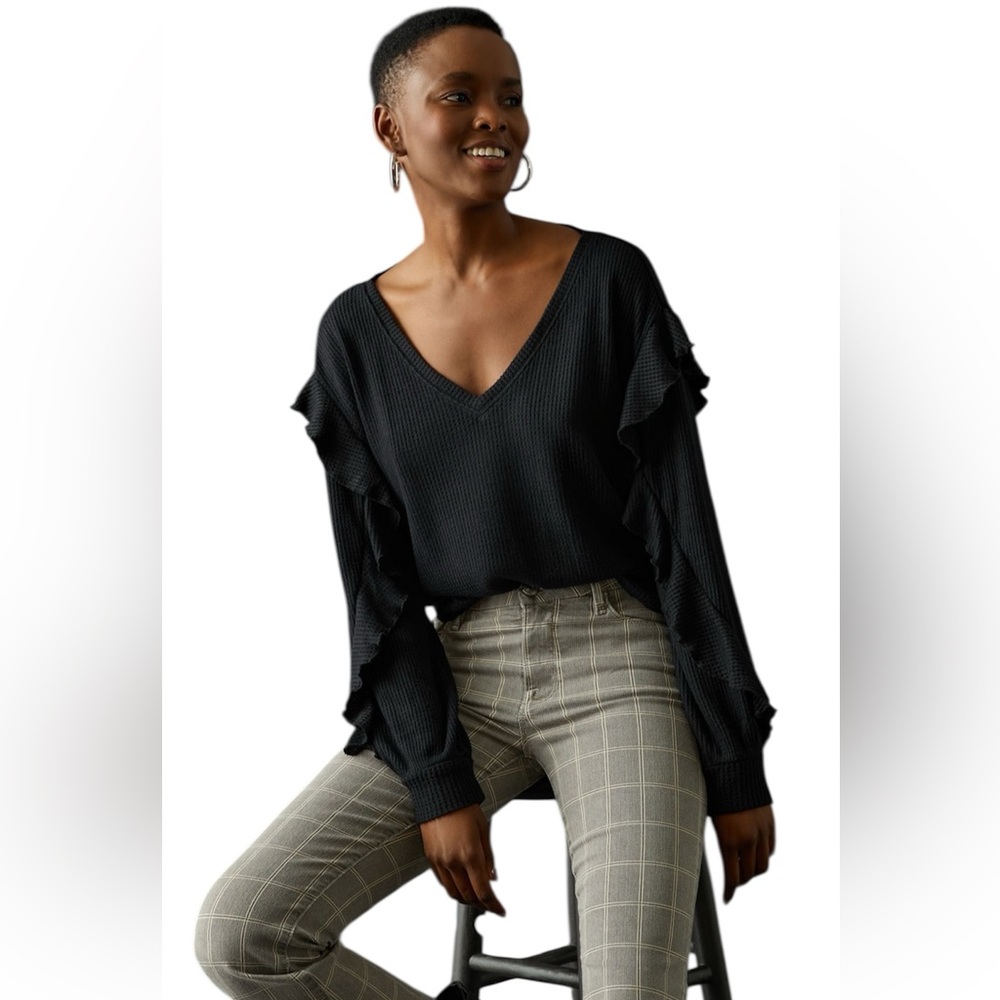 Anthropologie NWT Pilcro Black Ruffle Sleeve Waffle Knit V-Neck Top Small